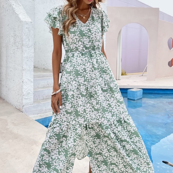 Boho Sage Green Floral Butterfly Sleeve Dress - Picture 5 of 5